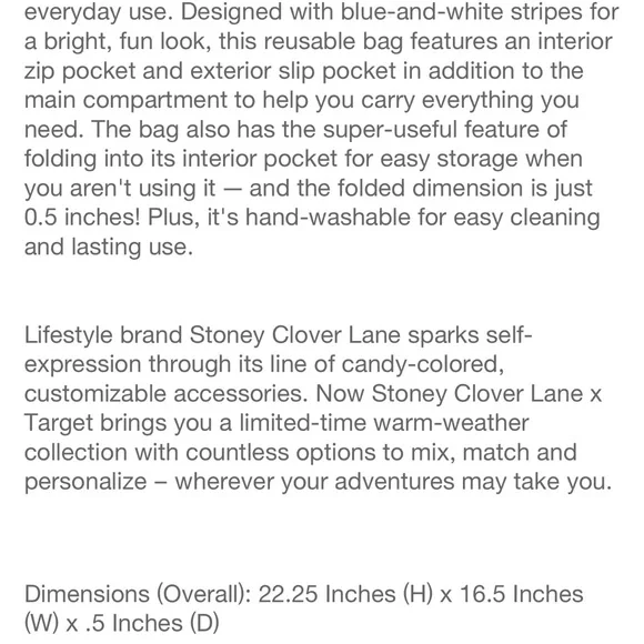 Stoney Clover Lane x Target Reusable Tote Bag Blue & White Stripes - Picture 9 of 9